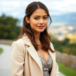 A beautiful young woman with a confident and charming expression, dressed in fashionable attire, standing outdoors with a scenic background