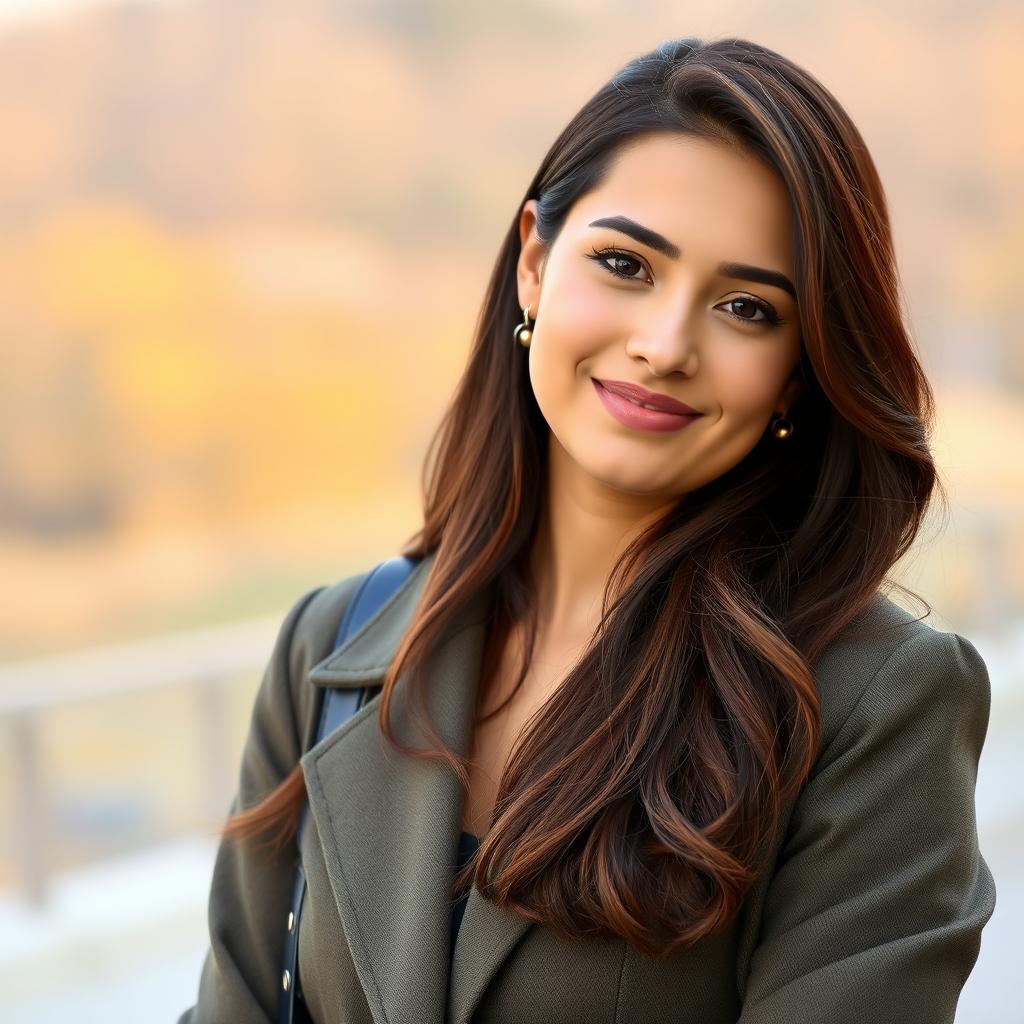 A beautiful young woman with a confident and charming expression, dressed in fashionable attire, standing outdoors with a scenic background