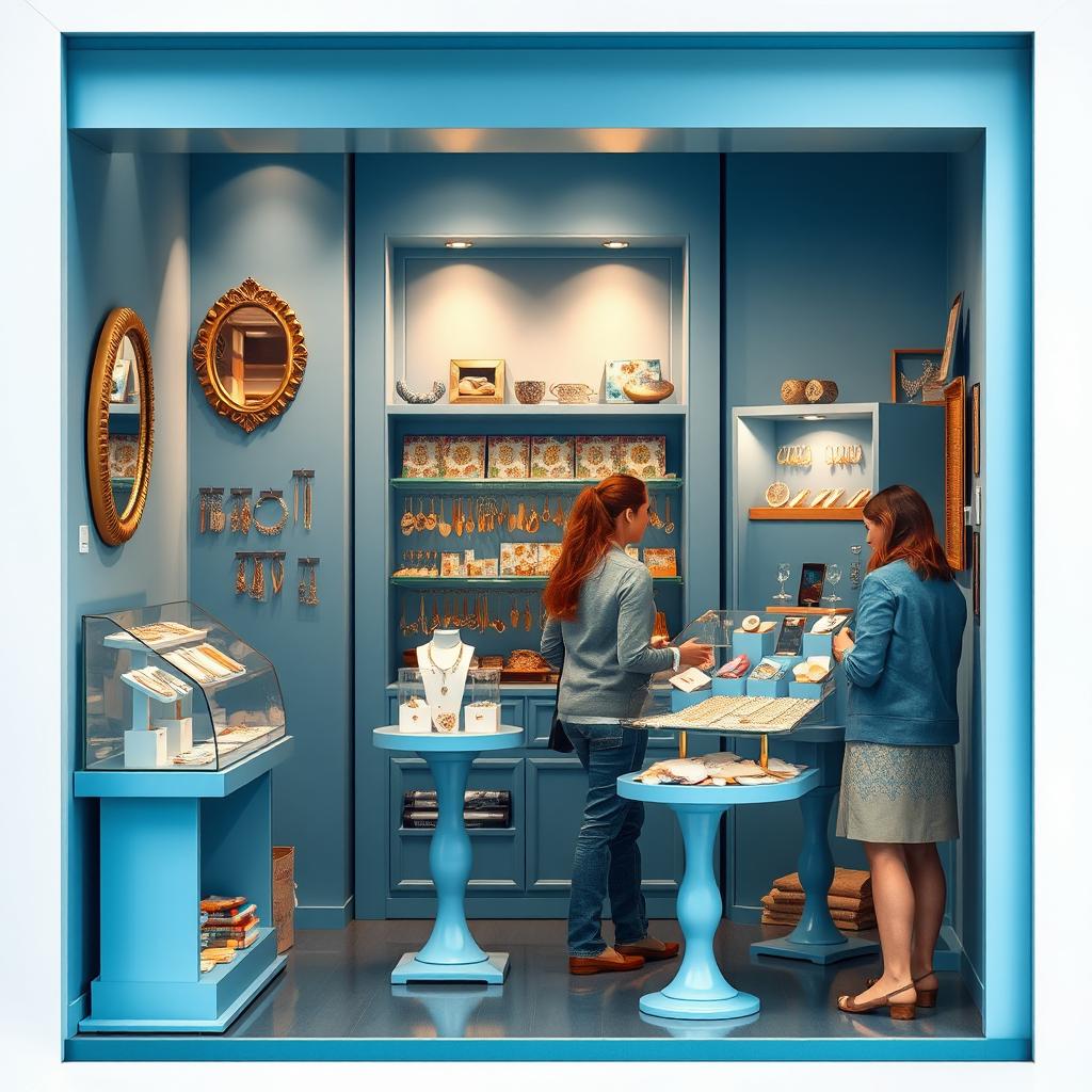 Design a small blue store specializing in imitation jewelry