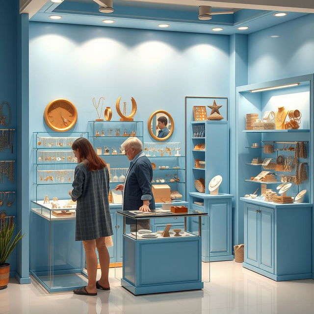 Design a small blue store specializing in imitation jewelry