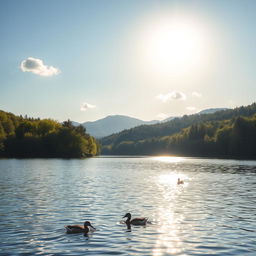 A beautiful landscape featuring a serene lake surrounded by lush green trees and mountains in the background