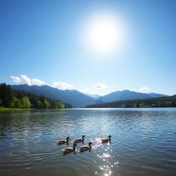 A beautiful landscape featuring a serene lake surrounded by lush green trees and mountains in the background