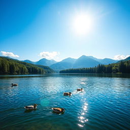 A beautiful landscape featuring a serene lake surrounded by lush green trees and mountains in the background