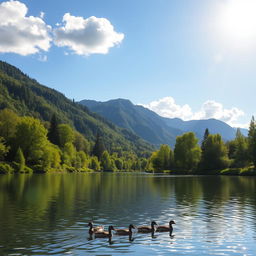 A beautiful landscape featuring a serene lake surrounded by lush green trees and mountains in the background