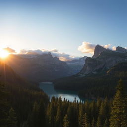 Create an image of a breathtaking landscape featuring a serene lake surrounded by dense forests and towering mountains