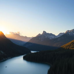 Create an image of a breathtaking landscape featuring a serene lake surrounded by dense forests and towering mountains