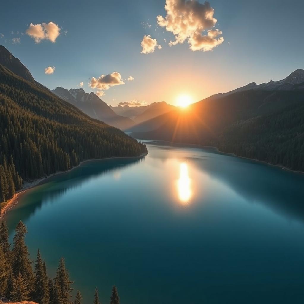 Create an image of a stunning landscape with a tranquil lake, surrounded by dense forests and majestic mountains