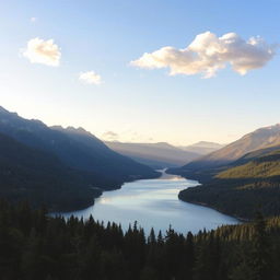 Create an image of a stunning landscape with a tranquil lake, surrounded by dense forests and majestic mountains