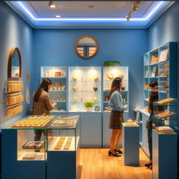 Design a small blue store specializing in imitation jewelry