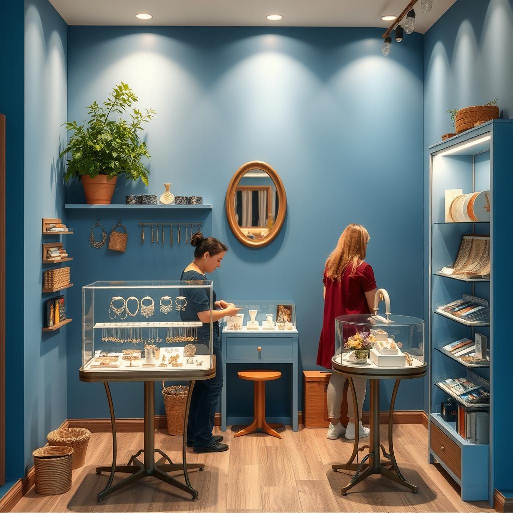 Design a small blue store specializing in imitation jewelry