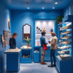 Design a small blue store specializing in imitation jewelry