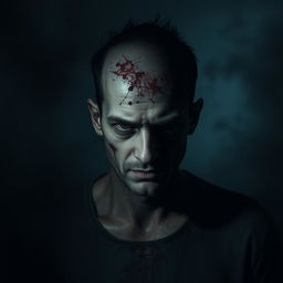 Create an image of a man with a decapitated head, emphasizing a dark and eerie atmosphere