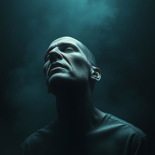 Create an image of a man with a decapitated head, emphasizing a dark and eerie atmosphere