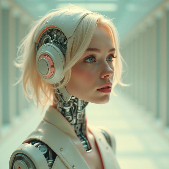 Cinematic photograph of a beautiful cyborg in a Wes Anderson-inspired pastel, sci-fi setting