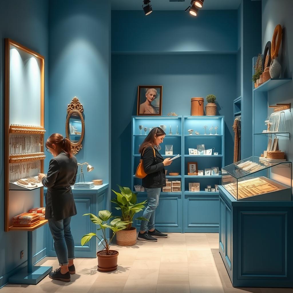 Design a small blue store specializing in imitation jewelry