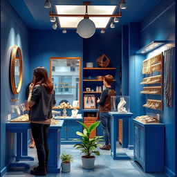 Design a small blue store specializing in imitation jewelry