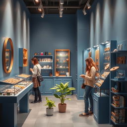 Design a small blue store specializing in imitation jewelry