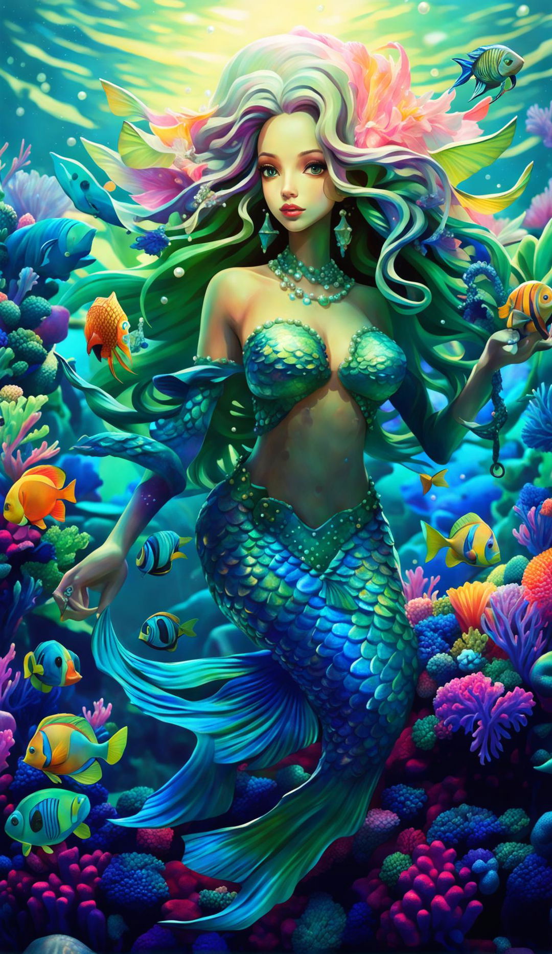 A full-bodied mermaid with bronze skin and dark hair, adorned with seashells and pearls. Her full tail is a blend of turquoise and azure scales, shimmering under refracted light. She is surrounded by the vibrant life of a coral reef.