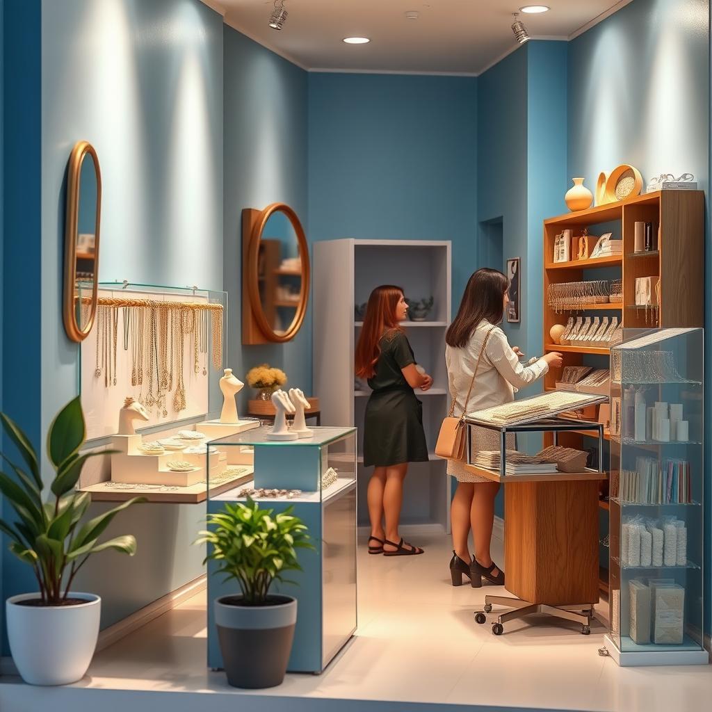 Design a small blue store specializing in imitation jewelry