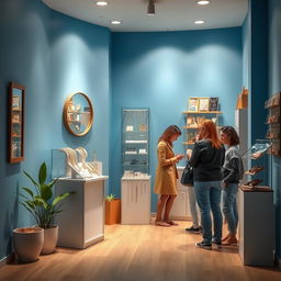 Design a small blue store specializing in imitation jewelry