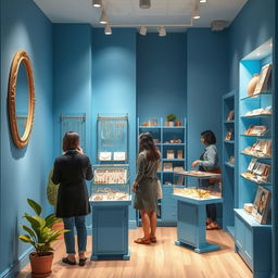 Design a small blue store specializing in imitation jewelry