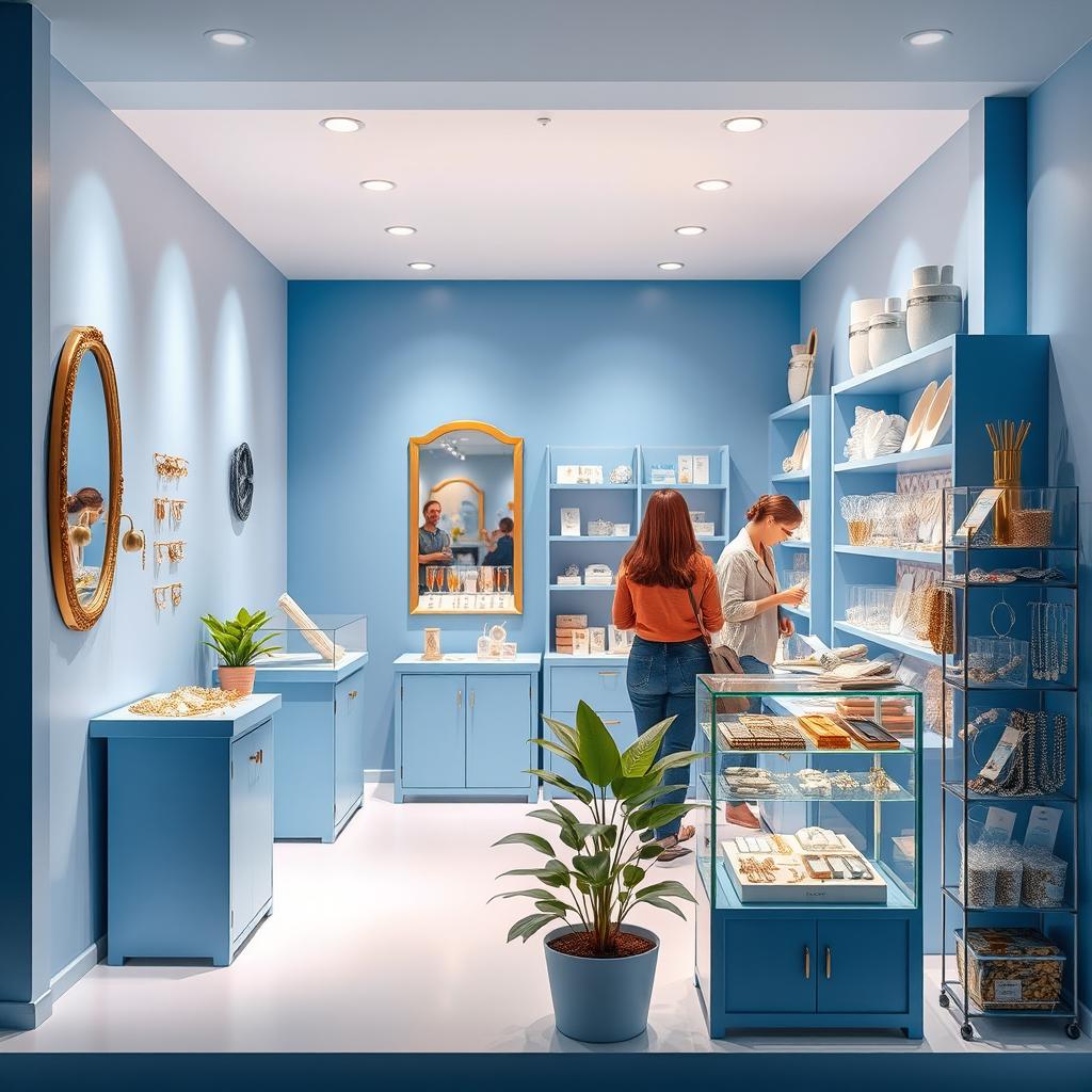 Design a small blue store specializing in imitation jewelry