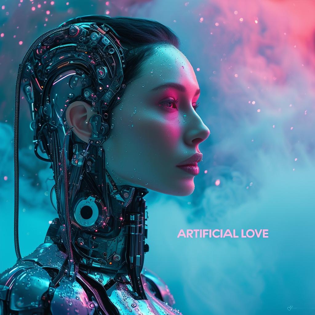 Movie poster of a beautiful cyborg in a Wes Anderson-inspired pastel, sci-fi setting with the title 'Artificial Love' overlaid