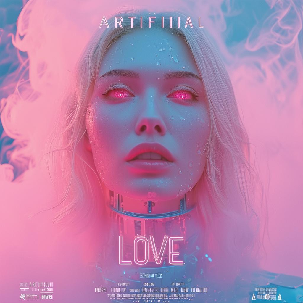 Movie poster of a beautiful, blonde, fair-skinned cyborg in a Wes Anderson-inspired pastel, sci-fi setting with the title 'Artificial Love' overlaid