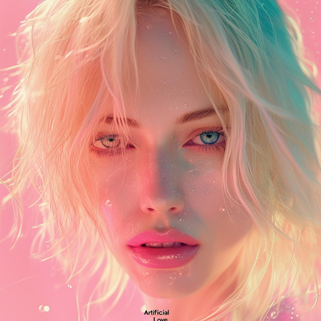 Movie poster of a beautiful, blonde, fair-skinned cyborg in a Wes Anderson-inspired pastel, sci-fi setting with the clearly rendered title 'Artificial Love' overlaid