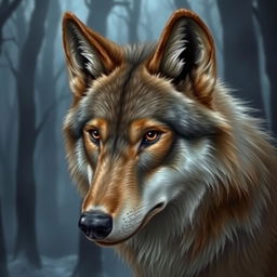 A detailed depiction of a werewolf with light brown fur and dark brown eyes