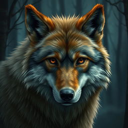 A detailed depiction of a werewolf with light brown fur and dark brown eyes