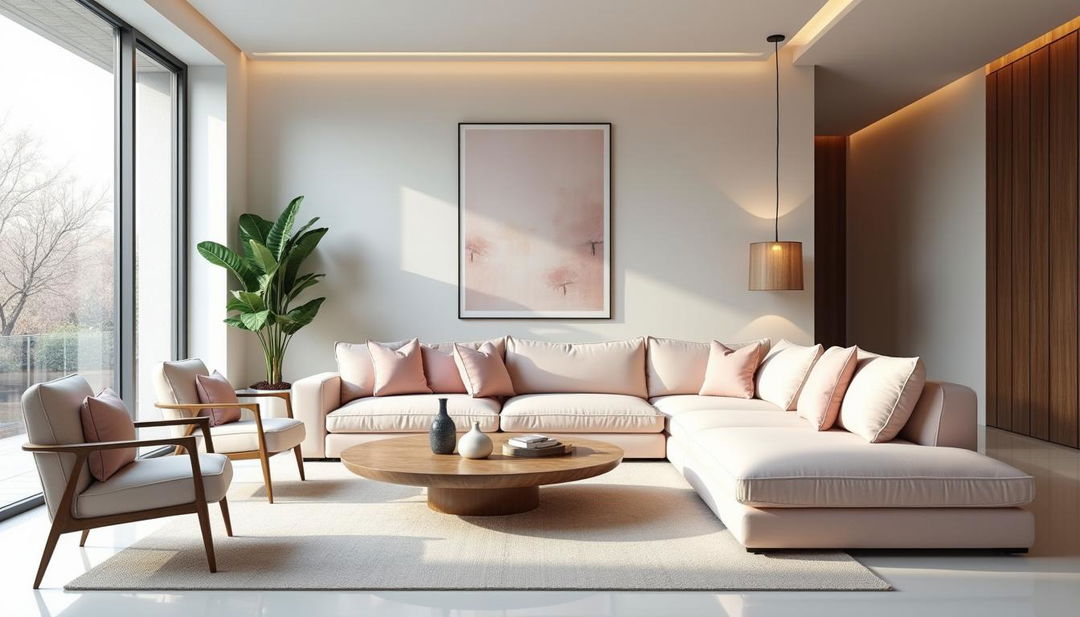 A cinematic masterpiece of a Scandinavian living room in pastel colors, featuring minimalist yet luxurious furniture and decor that exudes wealth and sophistication