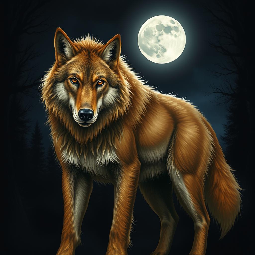 A majestic werewolf with light brown fur and dark brown eyes stands under the night sky