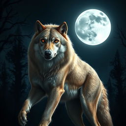 A majestic werewolf with light brown fur and dark brown eyes stands under the night sky