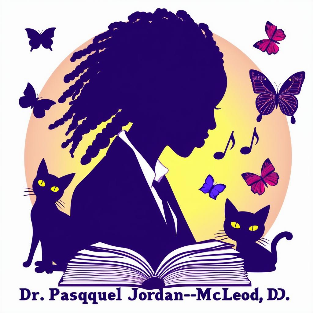 Create a logo for a book featuring a silhouette of a lady with short dreadlocks in a suit, surrounded by music notes, butterflies, two cats, and an open book