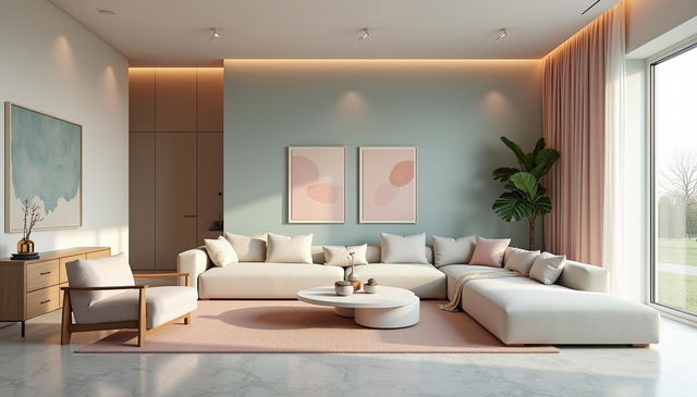 A raw photograph of a Scandinavian living room inspired by Wes Anderson, featuring pastel colors, minimalist luxurious furniture, and a subtle vignette effect for an architectural photography style