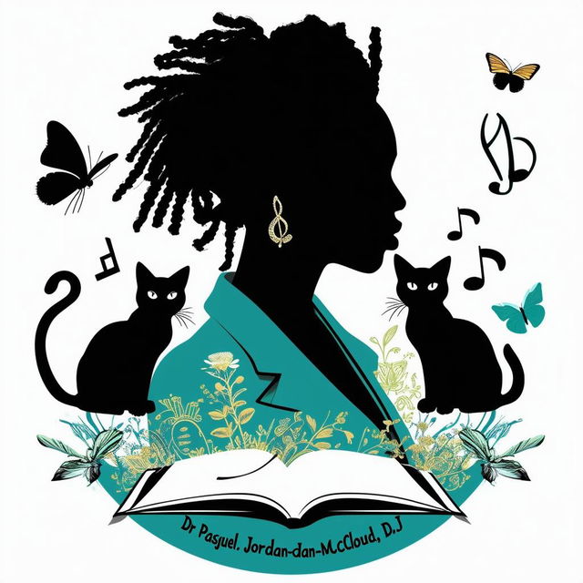 Create a logo for a book featuring a silhouette of a lady with short dreadlocks in a suit, surrounded by music notes, butterflies, two cats, and an open book