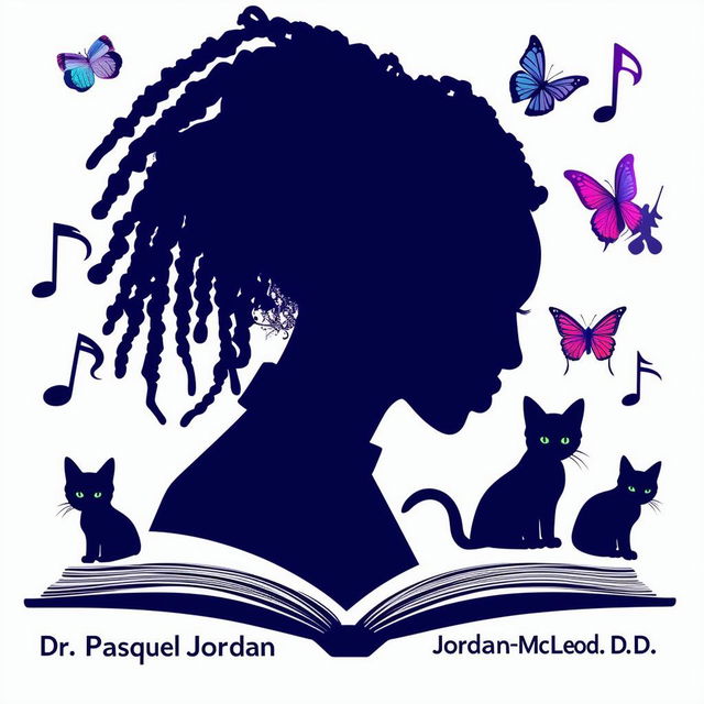 Create a logo for a book featuring a silhouette of a lady with short dreadlocks in a suit, surrounded by music notes, butterflies, two cats, and an open book