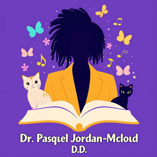 Create a logo for a book featuring a silhouette of a lady with short dreadlocks in a suit, surrounded by music notes, butterflies, two cats, and an open book