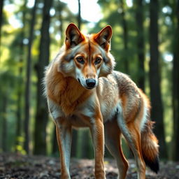 A female werewolf with light brown fur and ginger highlights stands confidently in a natural setting