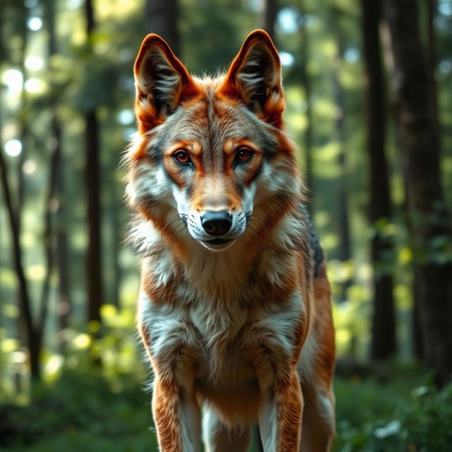 A female werewolf with light brown fur and ginger highlights stands confidently in a natural setting