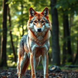 A female werewolf with light brown fur and ginger highlights stands confidently in a natural setting