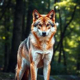 A female werewolf with light brown fur and ginger highlights stands confidently in a natural setting