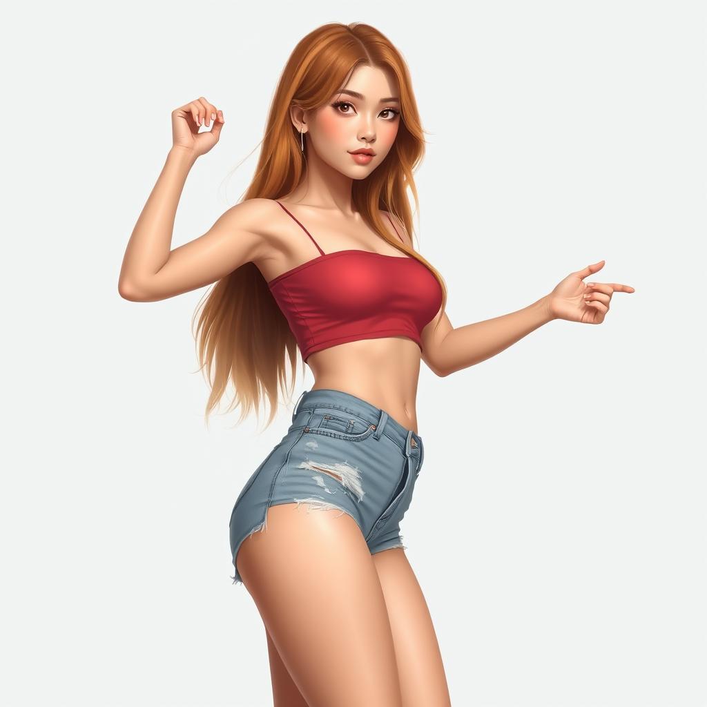 A realistic depiction of a woman in her mid 20's, with Asian features and brown eyes