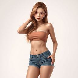 A realistic depiction of a woman in her mid 20's, with Asian features and brown eyes