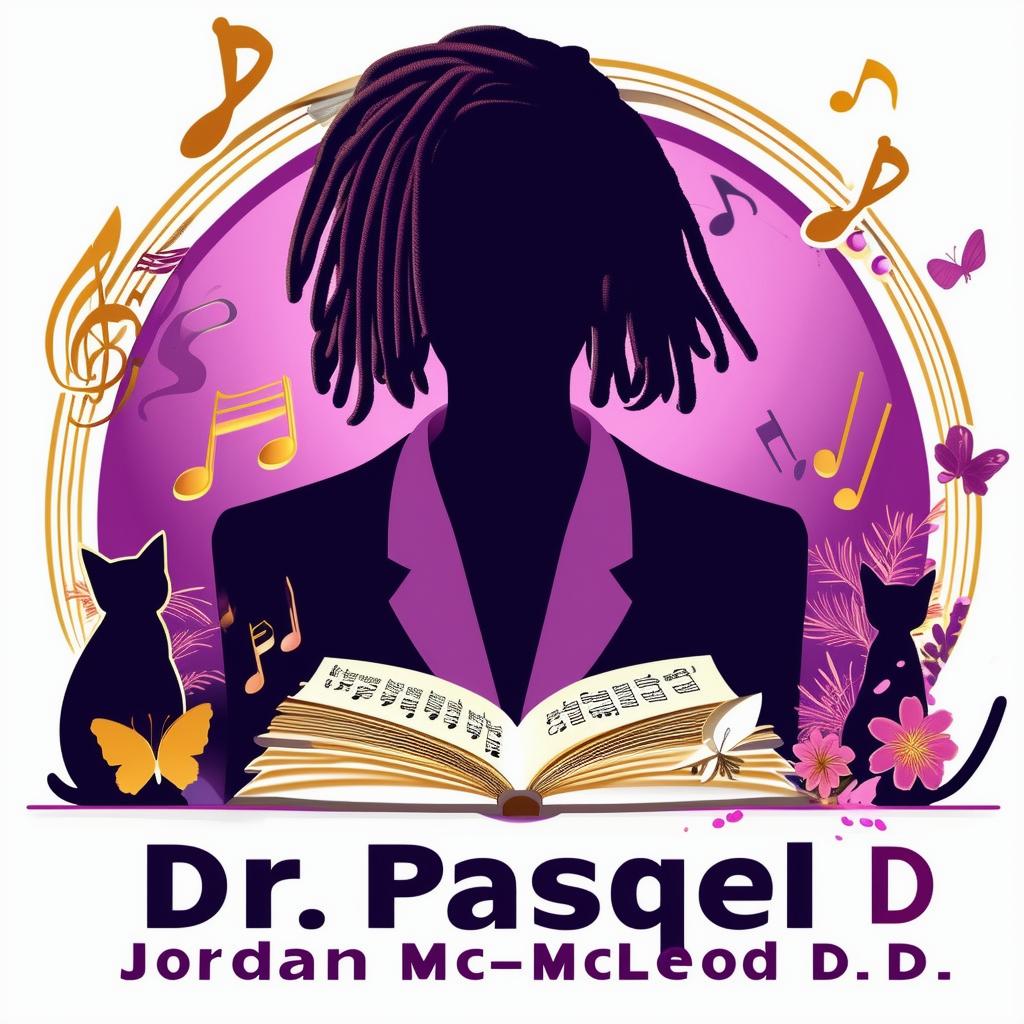 Create a logo for a book featuring a silhouette of a lady with short dreadlocks in a suit, surrounded by music notes, butterflies, two cats, and an open book