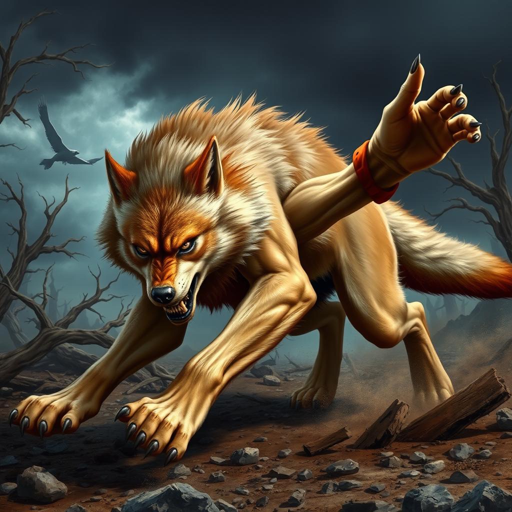 A fierce werewolf with light brown fur and ginger highlights is mid-combat, showcasing its raw power and agility