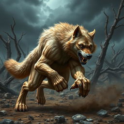 A fierce werewolf with light brown fur and ginger highlights is mid-combat, showcasing its raw power and agility