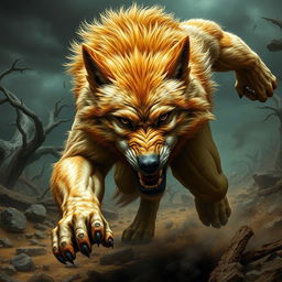 A fierce werewolf with light brown fur and ginger highlights is mid-combat, showcasing its raw power and agility