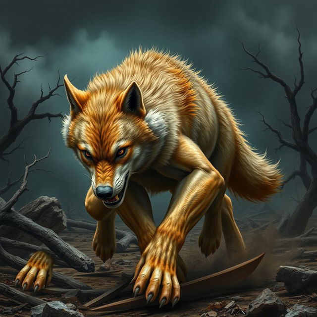 A fierce werewolf with light brown fur and ginger highlights is mid-combat, showcasing its raw power and agility